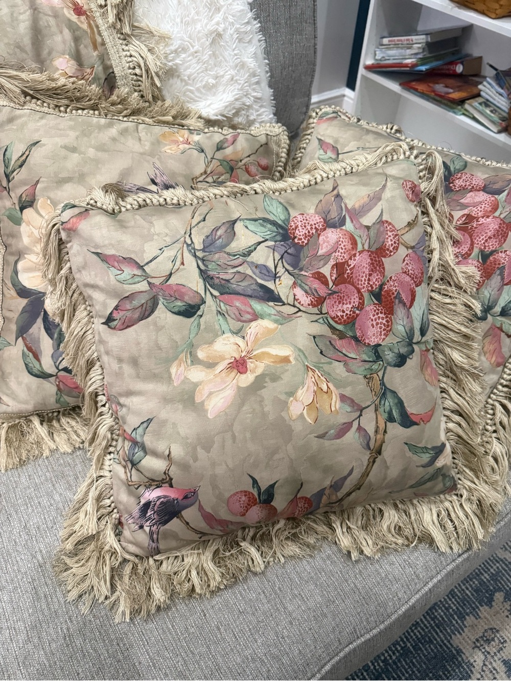 Estate Custom chinoiserie Floral Fringe Throw Pillows (3) with matching throw. -